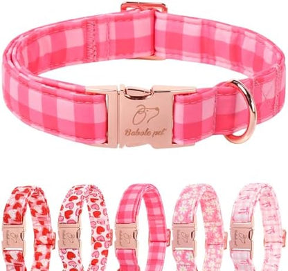 Pink Checkerboard Dog Collar, Classic Girly Plaid Dog Collars, Adjustable Heavy Duty Girl Dogs Collar for Small Medium Large Dogs with Metal Buckle XL