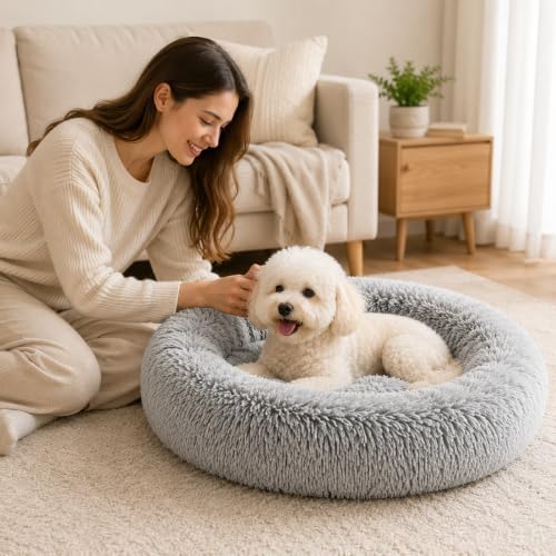 Cat Beds for Indoor Cats, Round Fluffy Cute Small Cat Bed, Washable Anti-Slip Donut Pet Bed, Round Dog Bed for Small Pets (Light Gray)