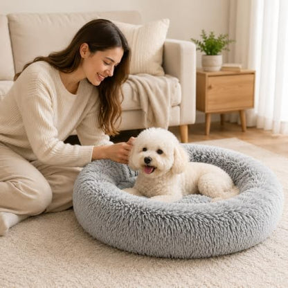 Cat Beds for Indoor Cats, Round Fluffy Cute Small Cat Bed, Washable Anti-Slip Donut Pet Bed, Round Dog Bed for Small Pets (Light Gray)