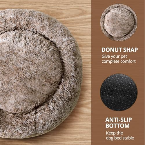 JOLLYVOGUE Calming Dog Bed Medium Size Dog, Anti-Anxiety Donut Medium Pet Bed, 27 inches Fluffy Faux Fur Round Cat Bed (Smoke Brown)