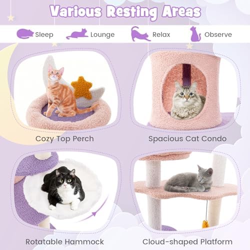 PETSITE Star and Moon-Themed Cat Tree Tower, Multi-Level Modern Cat Tower with Sisal Scratching Posts, Cat Condo, Side Hammock, Hanging Dangling Toys, Cute Cat Tree for Indoor Cats (62 Inch Tall)