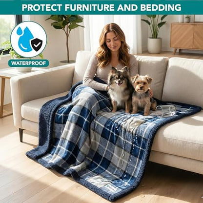 PetAmi Waterproof Dog Blanket for Small Puppy Cat, 29x40, Plaid Light Grey