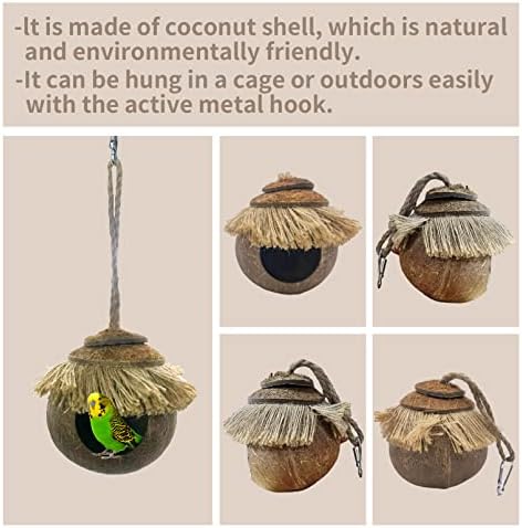 Tfwadmx Coconut Hide with Loop, Natural Coconut Fiber Hanging Birdhouse Cage, Coconut Bird Shell Breeding Nest for Parrot Parakeet Lovebird Finch Canary, Pet Cage Habitats Decor,Small Animals House