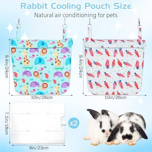 Hamiledyi Rabbit Cooling Pouch with Ice Pack - No Condensation Pad for Bunny Cage Accessories, Washable Cooling Mat for Small Animals,Ferret, Guinea Pig, Chinchilla(Carrot and Animal Pattern, 2kits)