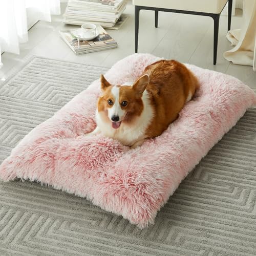 BFPETHOME Dog Beds for Large Dogs, Plush Dog Crate Bed Fluffy Cozy Kennel Pad for Sleeping &Ease Anxiety, Washable Pet Mats with Anti-Slip Bottom for Large Medium Dogs, Pet Bed, Pink