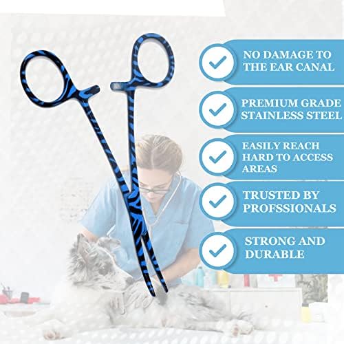 Dog Pet Ear/Nose Hair Puller Grooming Hemostat Locking Forceps Curved Pliers, 5.5" (14cm) Full Serrated Clamps Stainless Steel (Blue Candy Swirls)