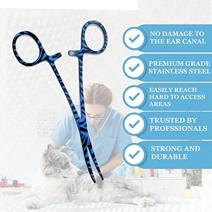 Dog Pet Ear/Nose Hair Puller Grooming Hemostat Locking Forceps Curved Pliers, 5.5" (14cm) Full Serrated Clamps Stainless Steel (Blue Candy Swirls)