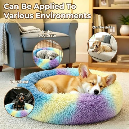 Calming Donut Dog and Cat Bed for Indoor Cats, Anti-Anxiety Round Fluffy Soft Washable Small Pet Bed for Puppy and Kitten, Warming Comfortable Luxury Anti-Slip Waterproof Mute Base 20in Rainbow