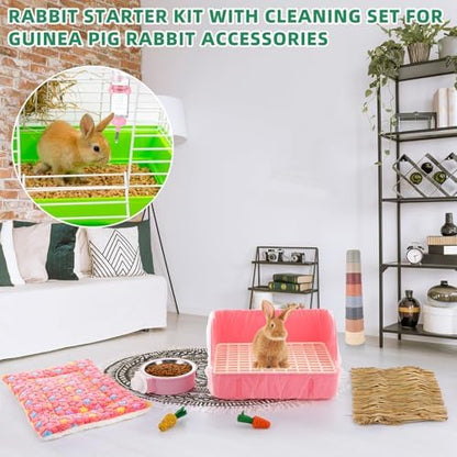 34 Pcs Rabbit Starter Kit Rabbit Litter Box Small Animal Water Bottle Cups Bunny Tunnels Animal Grooming Kit Bowl Blanket with Cleaning Set for Guinea Pig Bunny(Style 1,Light Pink)