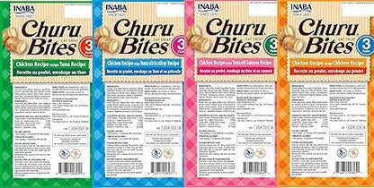 INABA Churu Bites for Cats, Soft Baked Chicken Churu Filled Cat Treats with Green Tea Extract, 0.35 Ounces Each Tube, 12 Tubes Total, 4 Flavor Variety