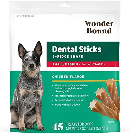 Wonder Bound Chicken Flavor Dental Sticks for Small/Medium Dogs (15-40 lbs), 6-Ridge Shape for Plaque & Tartar Control, Freshens Breath, Made With Real Chicken, 45 Count