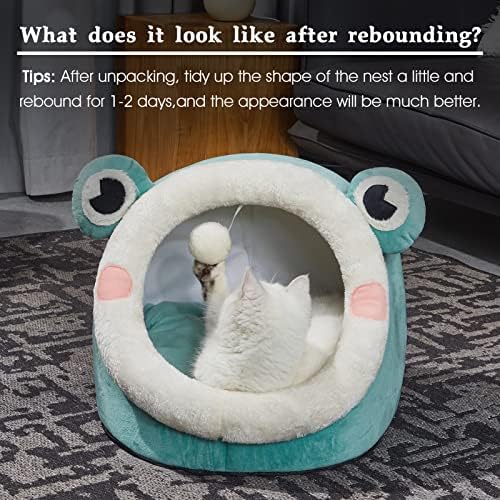 Jiupety Cute Cat Bed, Indoor Lovely Velvet Igloo for Cat and Small Dog, Warm Cave Sleeping Nest Bed for Puppy and Kitten, Green Frog, M