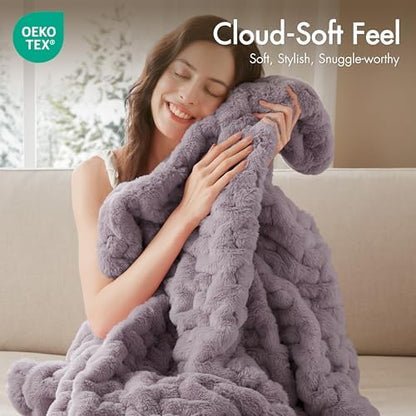 Madison Park Ruched Faux Fur Luxury Throw Lavender 50*60 Premium Soft Cozy Brushed Long Faux Fur For Bed, Coach or Sofa