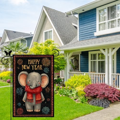 Happy New Year Garden Flag 12x18 Double Sided Vertical Linen Small Fireworks Elephant House Flag Welcome Holiday Winter House Outdoor Outside Decorations (27167)