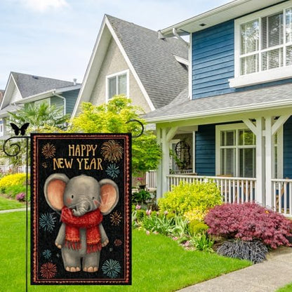 Happy New Year Garden Flag 12x18 Double Sided Vertical Linen Small Fireworks Elephant House Flag Welcome Holiday Winter House Outdoor Outside Decorations (27167)