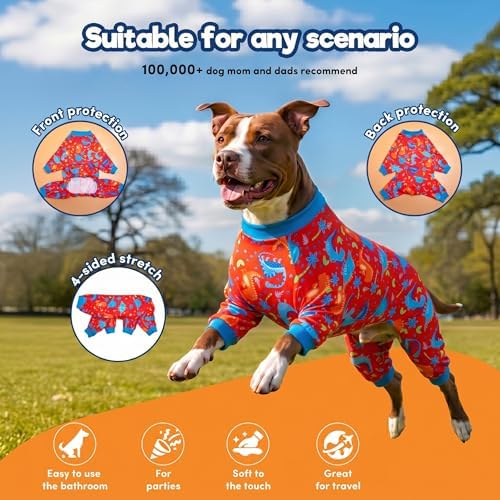 LovinPet Pitbull Dog Pajamas, PJs for Dogs, Dinosaur Jungle Red Print, XL