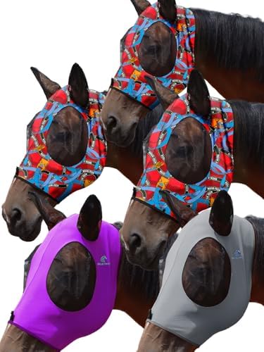 Mask Tech 5 Pieces Horse Fly Masks with Ears, Stretchy Elastic Mesh Fly Masks, 3D Eye Clearance, UV Protection-Medium,Combo 7