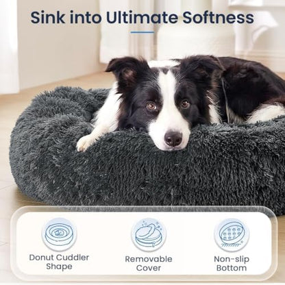 JOLLYVOGUE Calming Washable Dog Bed Medium Size Dog, 31 Inch Donut Medium Dog Bed with Removable Cover, Anti-Slip Round Fluffy Faux Fur Bed, Fits up to 45 lbs Pets, Dark Grey