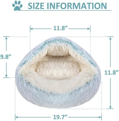 Round Fluffy Hooded Cat Bed Cave, Anti-Anxiety Cave Bed with Blanket