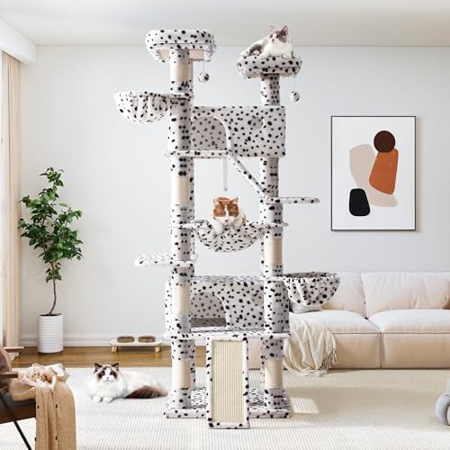 Allewie 81 Inches Tall Cat Tree/Multi-Level Large Climbing Tree House and Towers for Big Feline/Condo and Hammock/Scratching Post/Wide Base/White & Black Spot