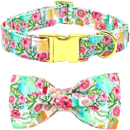 Dog Collar Cute Flowers Print Pet Collar Soft Puppy Collar with Bow Adjustable Metal Buckle Collar Gift for Large Dogs