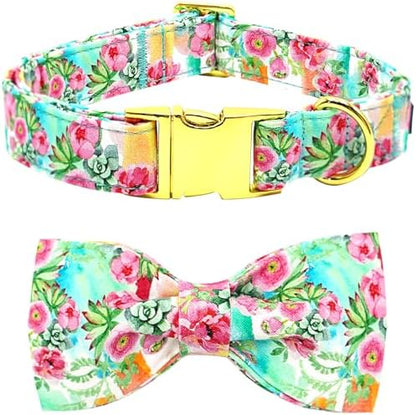 Dog Collar Cute Flowers Print Pet Collar Soft Puppy Collar with Bow Adjustable Metal Buckle Collar Gift for Large Dogs