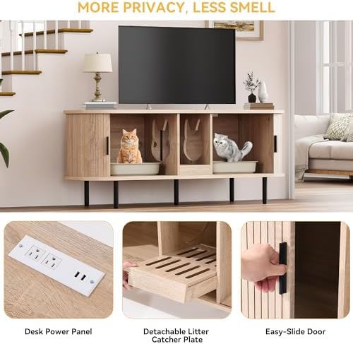 DWVO 55.1in Double Cat Litter Box Enclosure with Power Outlet