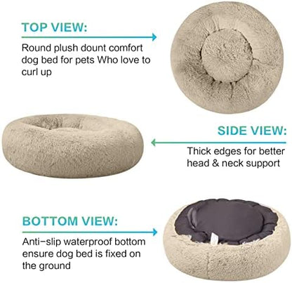 SAVFOX 20 inches Calming Donut Dog Bed - 3X Durable Plush Faux Fur, Machine Washable & Non-Slip, Fits up to 15 lbs, Beige