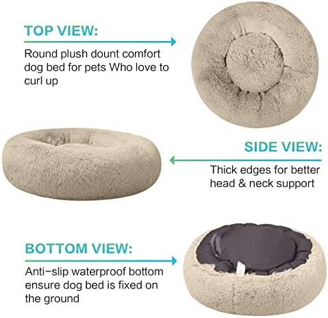 SAVFOX 30 inches Calming Donut Dog Bed - 3X Durable Plush Faux Fur, Machine Washable & Non-Slip, Fits up to 45 lbs, Beige