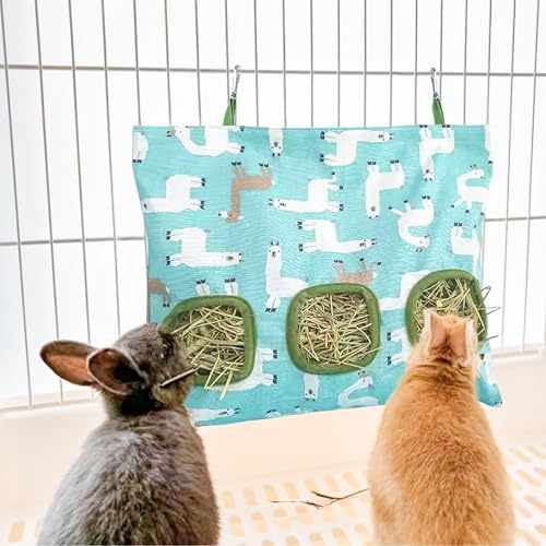Lesnala 2 Pcs Canvas Hanging Bunny Hay Feeder Bags 3 Holes 2 Styles