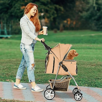 4-Wheel Pet Stroller for Small Dogs and Cats, Up to 33 lb, Beige