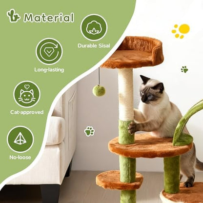 Cactus Cat Tree for Indoor Cats, 36" Multi-Level Cat Tower with Sisal Scratching Posts, Stable Cat Condo with Perches and Steps, Brown