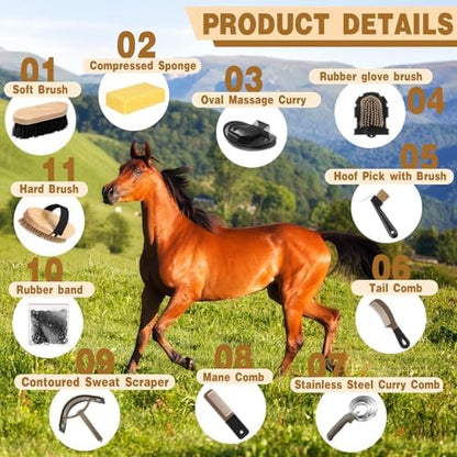 Abbylike 12 Piece Horse Grooming Kit with Organizer Tote Bag Brush Sets for Derby Day Show Horses Professional Tools for Care & Massage