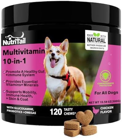 NutriTrail Multivitamin for Dogs – 10-in-1 Soft Chews with Glucosamine, Probiotics, Omega-3, Vitamins & Minerals – Supports Hip & Joint, Digestion, Skin & Coat, and Immune Health – Chicken, 120 Ct