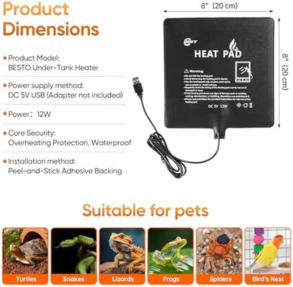 Besto 2 Pack Reptile Heat Pad, USB Powered Under Tank Terrarium Heating Mat (4"x7" 4W + 6"x8" 8W) Waterproof Reptile Heater for Turtle, Lizard, Hermit Crab, Frog, Snake, Small Mammals