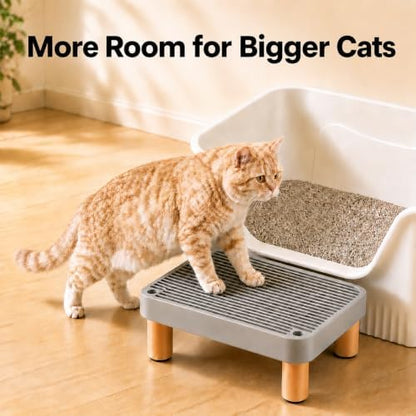 Litter Box Step, Litter Box Ramp/Catcher with Wooden Base, Anti-Tracking & Easy to Clean, Ideal for Big Cats and Automatic Litter Boxes 15.8" x 11.8" x 5.9" (Gray)