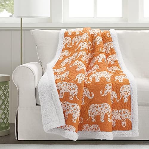 Lush Decor Elephant Parade Sherpa Throw Blanket 50" W x 60" L, Orange - Elephant Blanket for Kids - Plush Throw Blankets for Bed - Couch Blankets