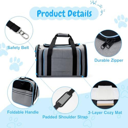 Double Expandable Cat Carrier,Airline Approved Soft-Sided Pet Travel Carrier for Small Dogs Cats under 15 lbs,Waterproof 600D Oxford Fabric with Washable Replacement Liner,Odor-Free & Claw-Proof(Blue)