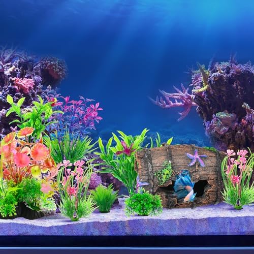 CousDUoBe Fish Broken Barrel Decor Fish Tank Decorations Betta Fish Tank Accessories,Starfish Barrel x 1pc, Aquarium Plants x 8pcs
