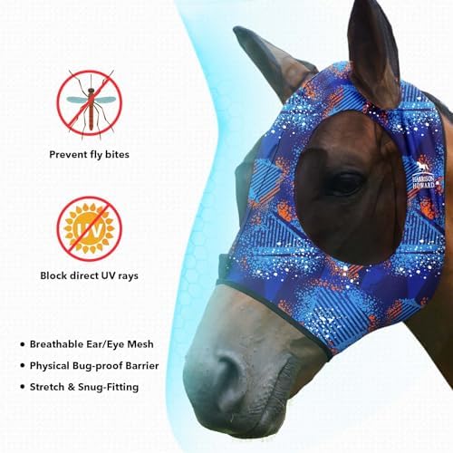 Harrison Howard Super Comfort Stretchy Fly Mask Large Eye Space with UV Protection Soft on Skin with Breathability Chic Blue M Cob