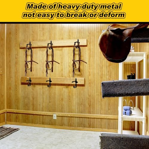Hicarer Horse Bridle Rack Wall Mount Black Metal Bridle Holder with Hook and Screws Bracket for Horse Barn Tack Room Stall Storage Derby Day Supplies