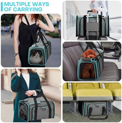 Pet Carrier, Large Soft Sided Expandable Travel Carrier with Steel Frame, Anti-Scratch Mesh, Removable Fleece Pad and Pockets for Cats, Dogs and Small Animals up to 15 lbs (Gray, 4 Sides Expandable)
