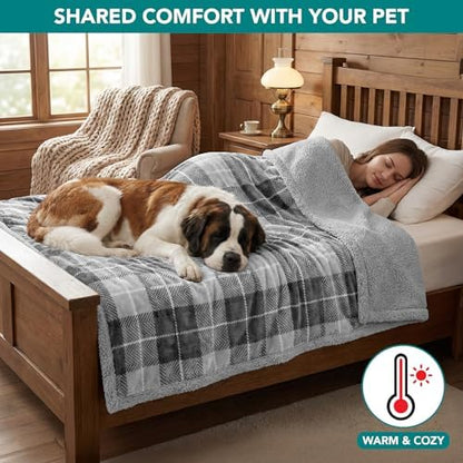 PetAmi Waterproof Dog Blanket for Large Pet Cat, 60x80, Plaid Light Grey