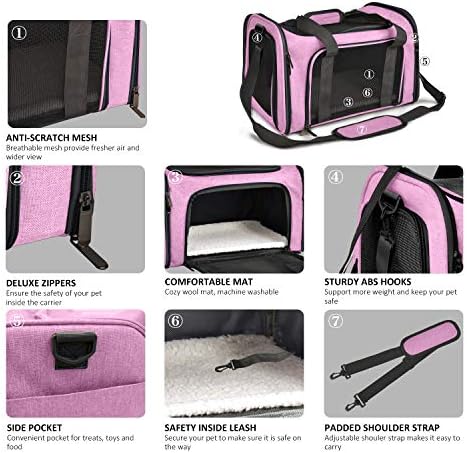 Henkelion Pet Carrier for Small Medium Cats Dogs Puppies up to 15 Lbs, TSA Airline Approved, Soft Sided, Collapsible Travel - Pink