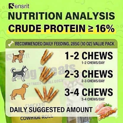 Chicken Wrapped Cowhide Rolls for Dogs - 10 Oz (285g) Savory Jerky Dog Treats, Long Lasting Rawhide Chews for Training Reward & Dental Health, High Protein Dog Snacks for All Breeds