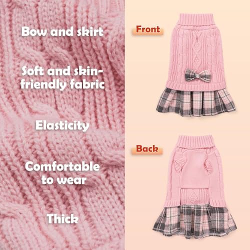 YUDODO Small Dog Sweater Dress with Bowtie Turtleneck - Knitted Pet Clothes