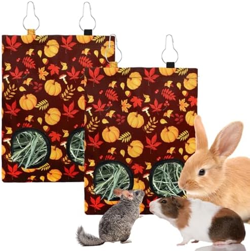 JarThenaAMCS 2 Pcs Fall Rabbit Hay Feeder Bag with 2 Holes 11.5 x 9 Inch Maple Leaves Pumpkin Guinea Pig Hanging Hay Feeding Bag Storage Dispenser for Autumn Hamster Bunny Small Animal Pet