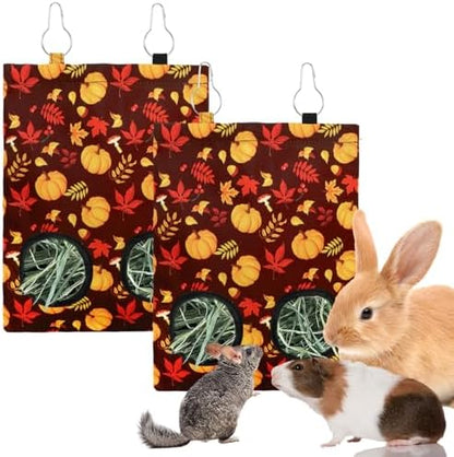 JarThenaAMCS 2 Pcs Fall Rabbit Hay Feeder Bag with 2 Holes 11.5 x 9 Inch Maple Leaves Pumpkin Guinea Pig Hanging Hay Feeding Bag Storage Dispenser for Autumn Hamster Bunny Small Animal Pet