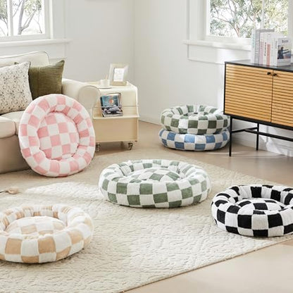 Ohocut Checkered Dog Bed, Cute Sage Green Retro Style Aesthetic Round Warming Pet Calming Beds for Small Dog and Cats, Plush Cozy Donut Washable, 30" L x 30" W x 8" Th