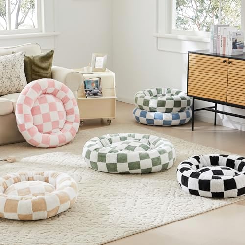 Ohocut Checkered Cat Dog Bed, Cute Blue Retro Style Aesthetic Round Warming Pet Calming Beds for Small Dog and Cats, Plush Cozy Donut Beds Washable, 23" L x 23" W x 8" Th